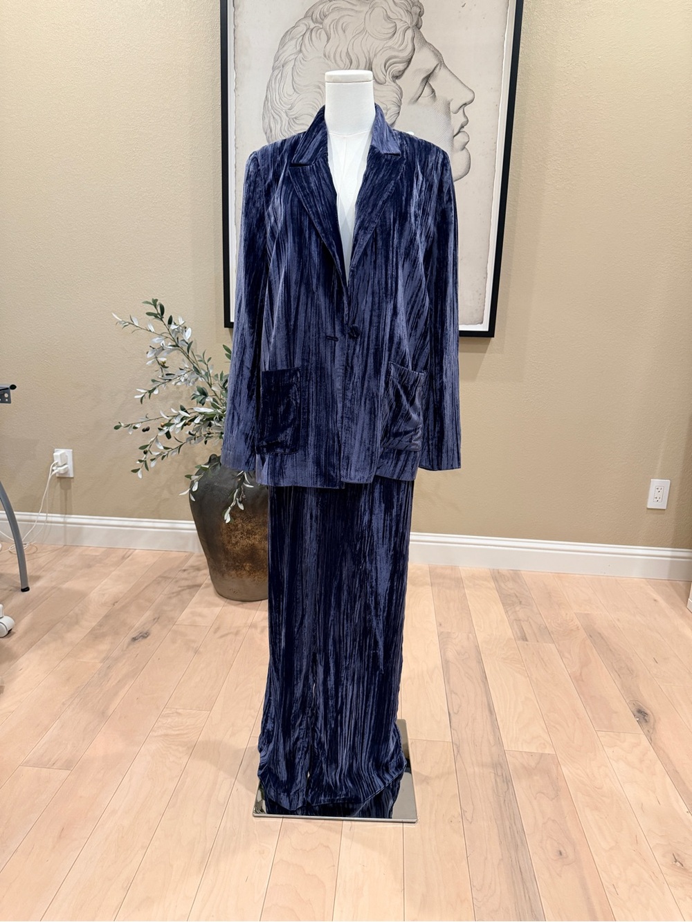 Treasure & Bond Midnight Blue Velvet Blazer and Pants Set